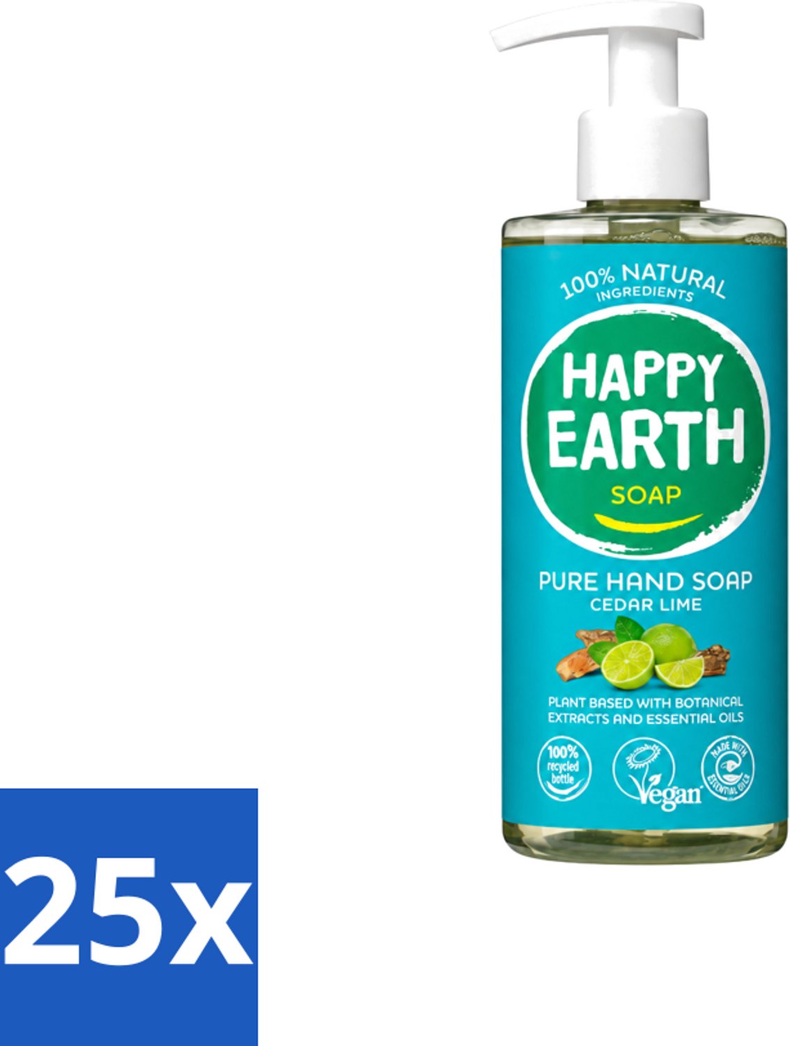 25 x Happy Earth – Handzeep – 100% Natuurlijk Cedar Lime – 300 ml - Voordeelverpakking - 25 stuks