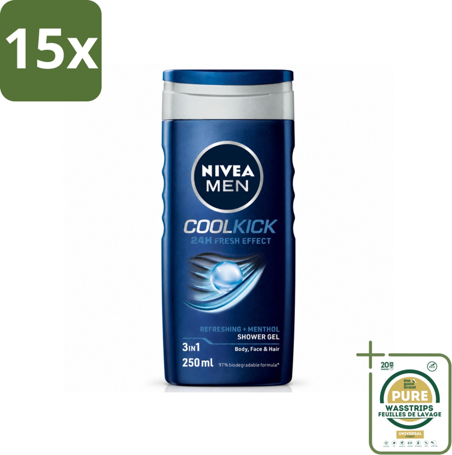 15 x NIVEA MEN - Douchegel - Cool Kick - 250 ml - Wasstrips - Douchegel Mannen - Frisheid Onder De Douche - Verkoelend Effect - 2-in-1 Douchegel En Shampoo - Ijsblauwe Gel