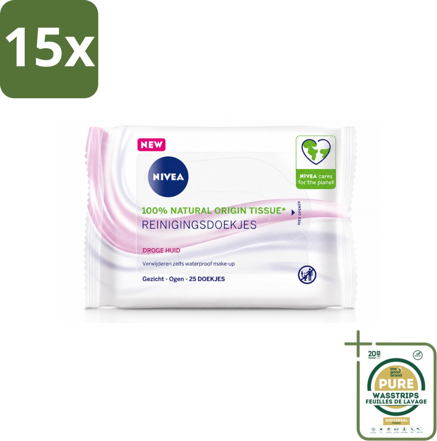 15 x NIVEA - Reinigingsdoekjes - Verzachtend - Droge Huid - Verwijdert Waterbestendige Make-up - 25 Doekjes - Wasstrips - Gezichtsreiniging - Droge Huid - Make-up Verwijderen - Amandelolie - Hydra Iq