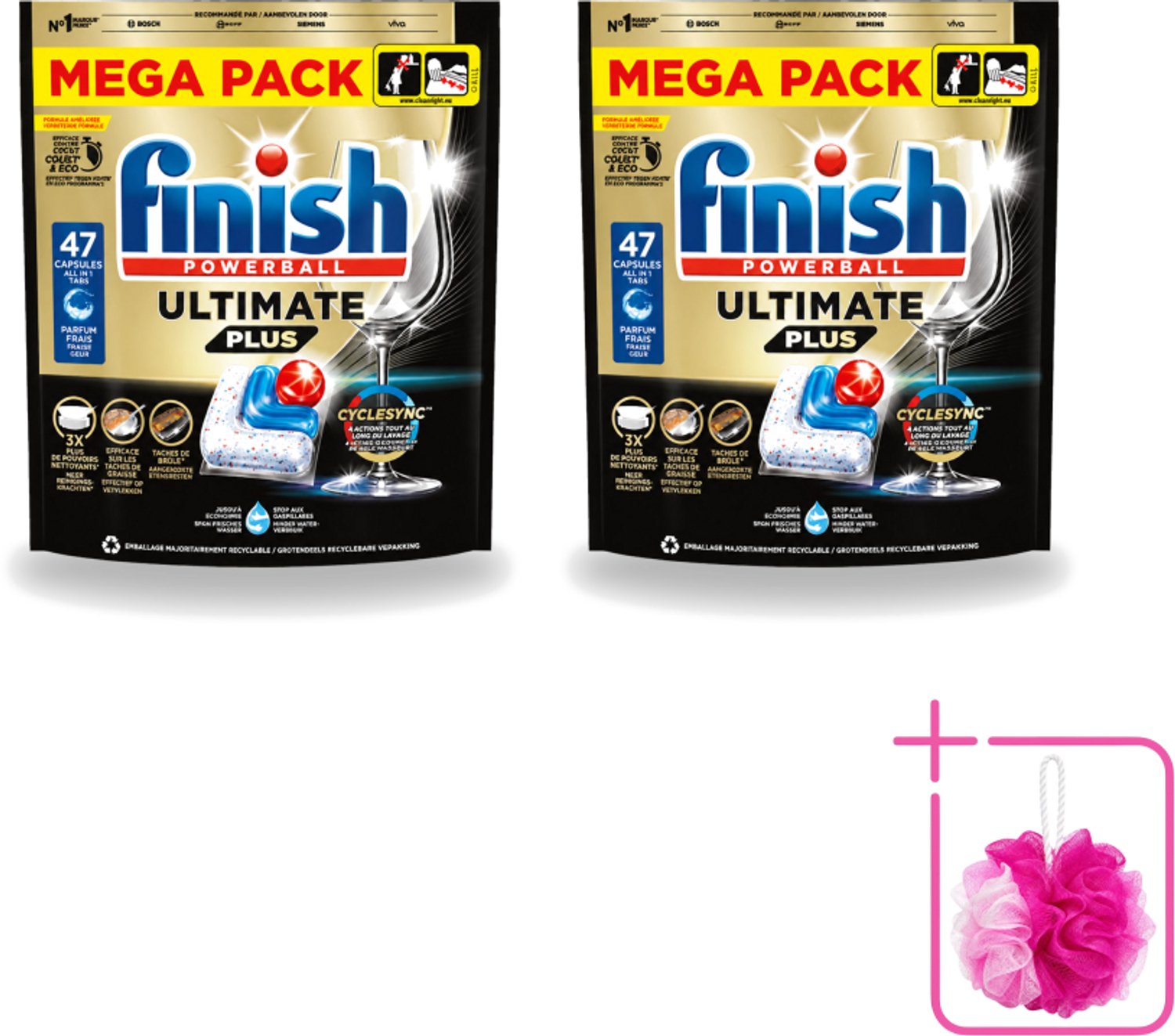 2 x Finish - Vaatwasmiddel - Ultimate Plus All in One Regular - Krachtige Alles-in-1 Reiniging - 47 capsules - Bulkverpakking - Vaatwasmiddel - Douchemop - Vaatwasser