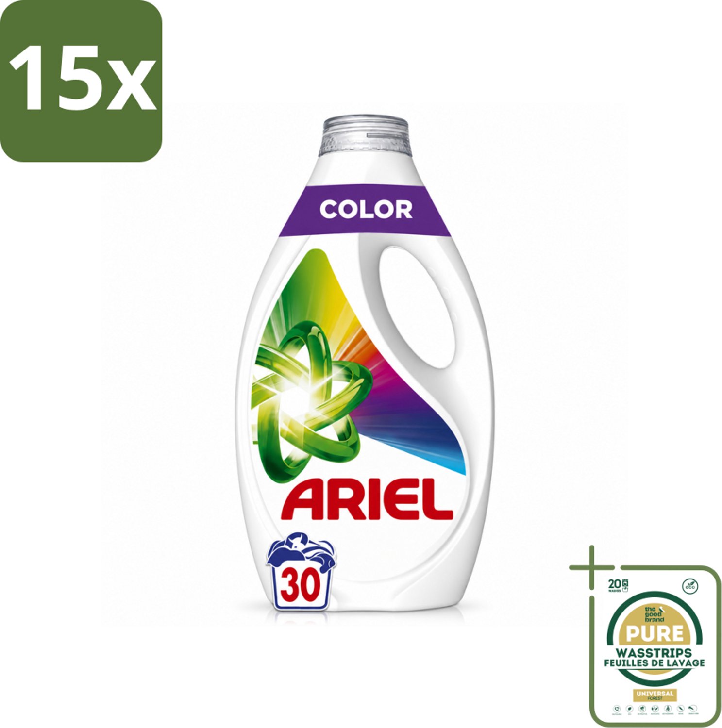 15 x Ariel - Vloeibaar Wasmiddel - Color - 30 Wasbeurten - 1350 ml - Wasstrips - Kleurbehoud - Vlekverwijdering - Vloeibaar Wasmiddel - Wasmiddel Voor Gekleurde Kleding - Wasmiddel Voor Vlekken