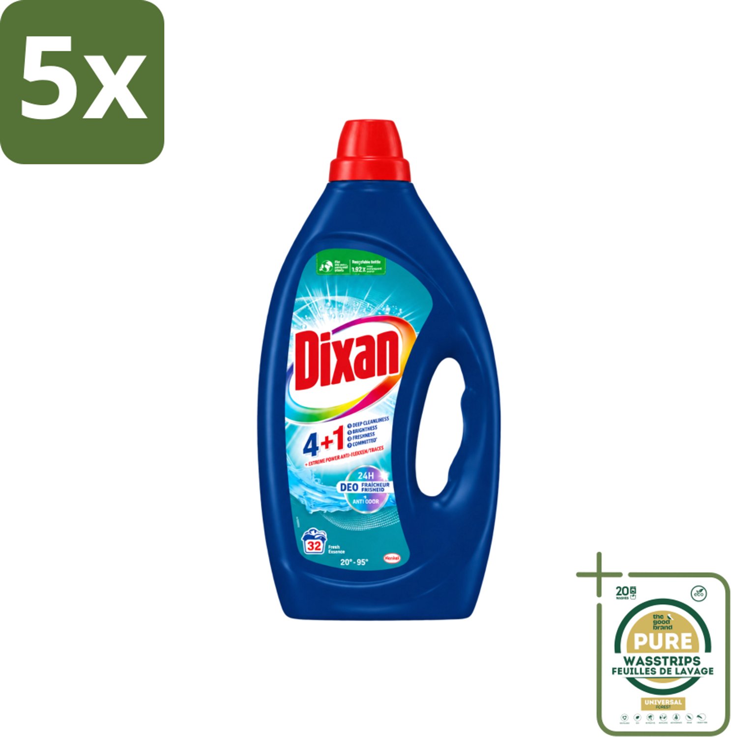 5 x Dixan - Vloeibaar wasmiddel - Fresh Blue - 32 wasbeurten - Wasstrips - Wasmiddel - Frisheid - Vlekverwijdering - Anti-geur - Wasbeurt
