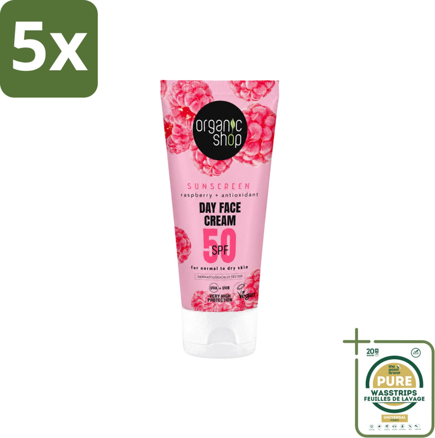 5 x Organic Shop - Zonnebrandcrème Gezicht SPF 50 - Normale Huid - 50 ml - Wasstrips - Zonnescherm - Gezichtscreme - SPF 50 - Zonbescherming - Huidveroudering