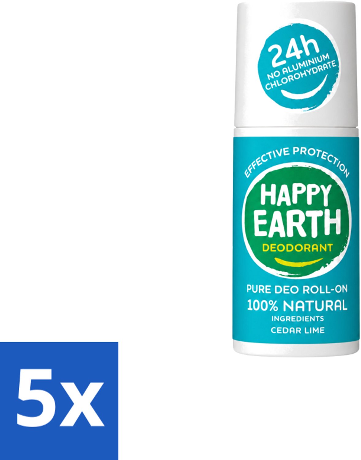 5 x Happy Earth – Deodorant Roll-On – 100% Natuurlijk Cedar Lime – 75 ml - Voordeelverpakking - 5 stuks