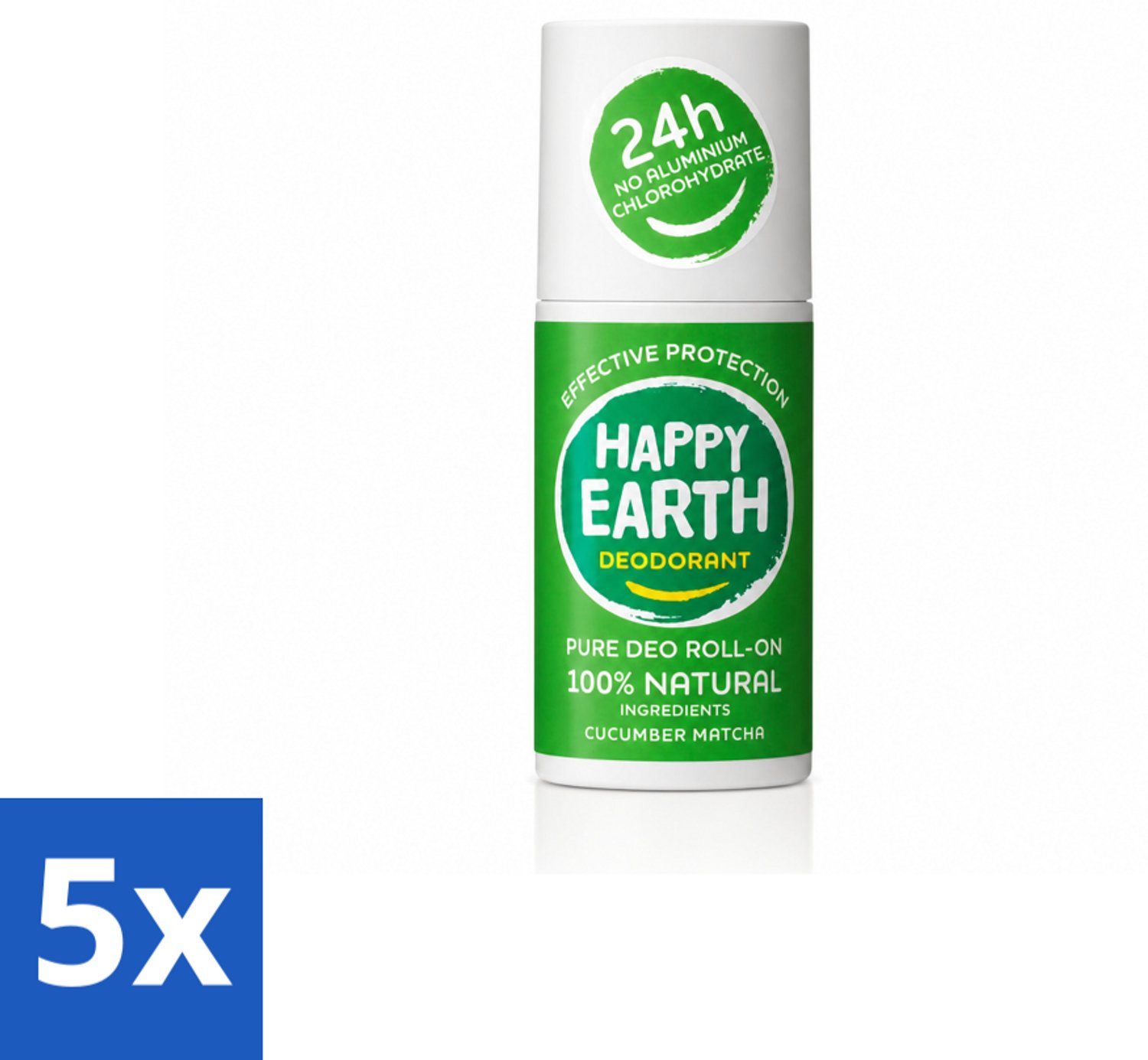 5 x Happy Earth – Deodorant Roll-On – 100% Natuurlijk Cucumber Matcha – 75 ml - Voordeelverpakking - 5 stuks