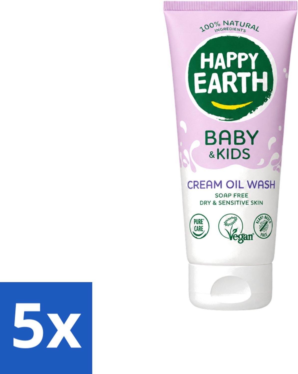 5 x Happy Earth – Cream Oil Wash – 100% Natuurlijk Baby & Kids – 200 ml - Voordeelverpakking - 5 stuks