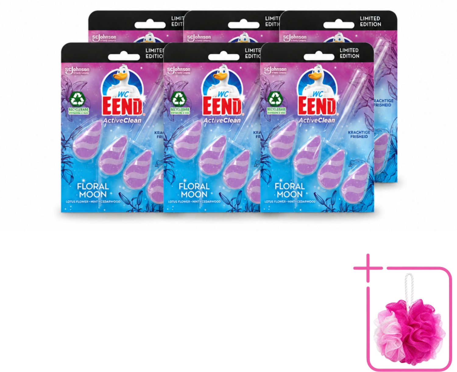 6 x WC Eend - Active Clean Floral Moon - Toiletblok - Lotus, Munt & Cederhout Geur - 38 gr - Bulkverpakking - Toiletblok - Douchemop - Geur