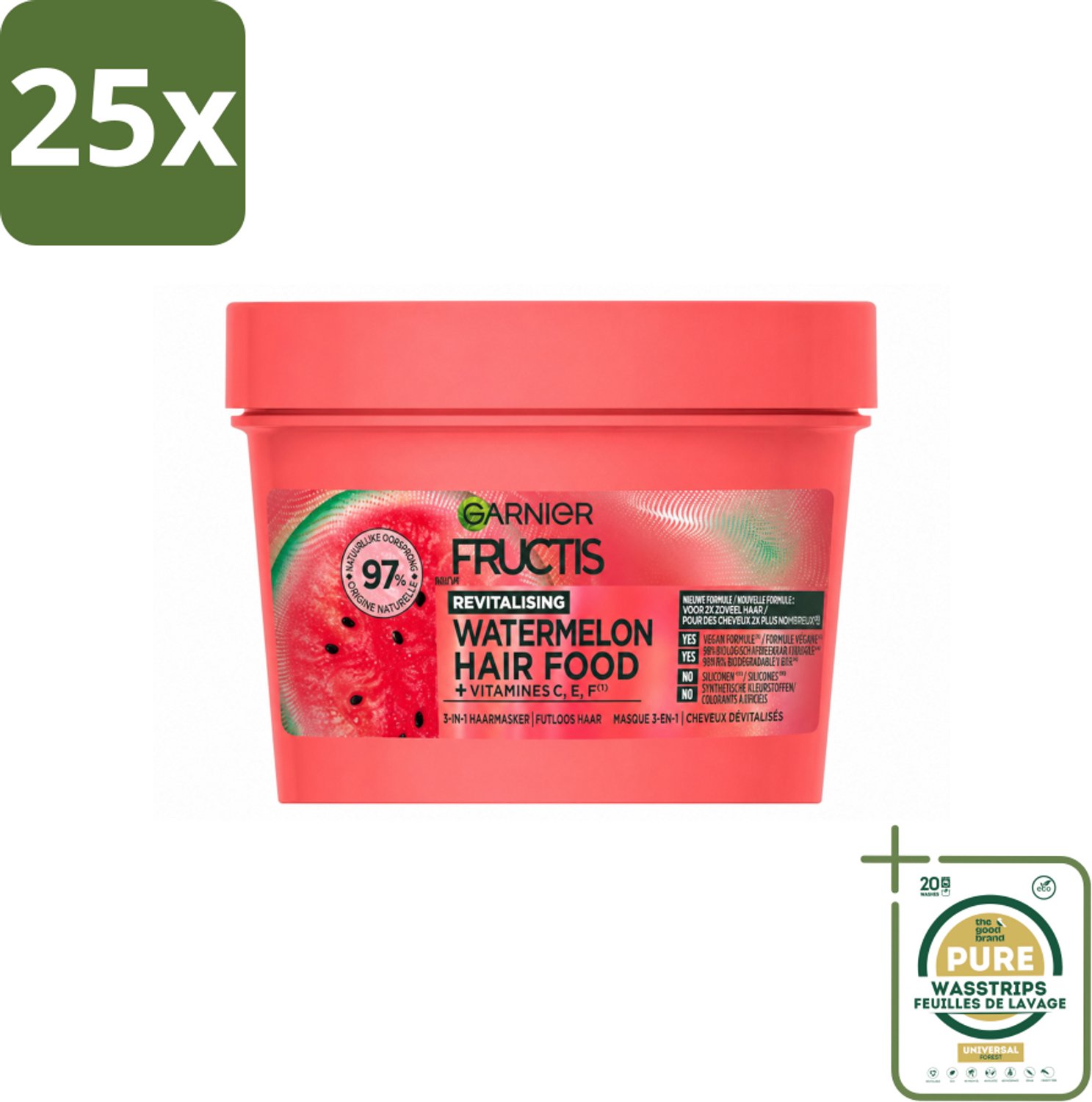 25 x Garnier - Fructis Hair Food Watermelon - 3-in-1 Haarmasker - Futloos Haar - 400 ml - Wasstrips - Haarmasker - Futloos Haar - Hydratatie - Haarvoeding - 3-in-1 Masker