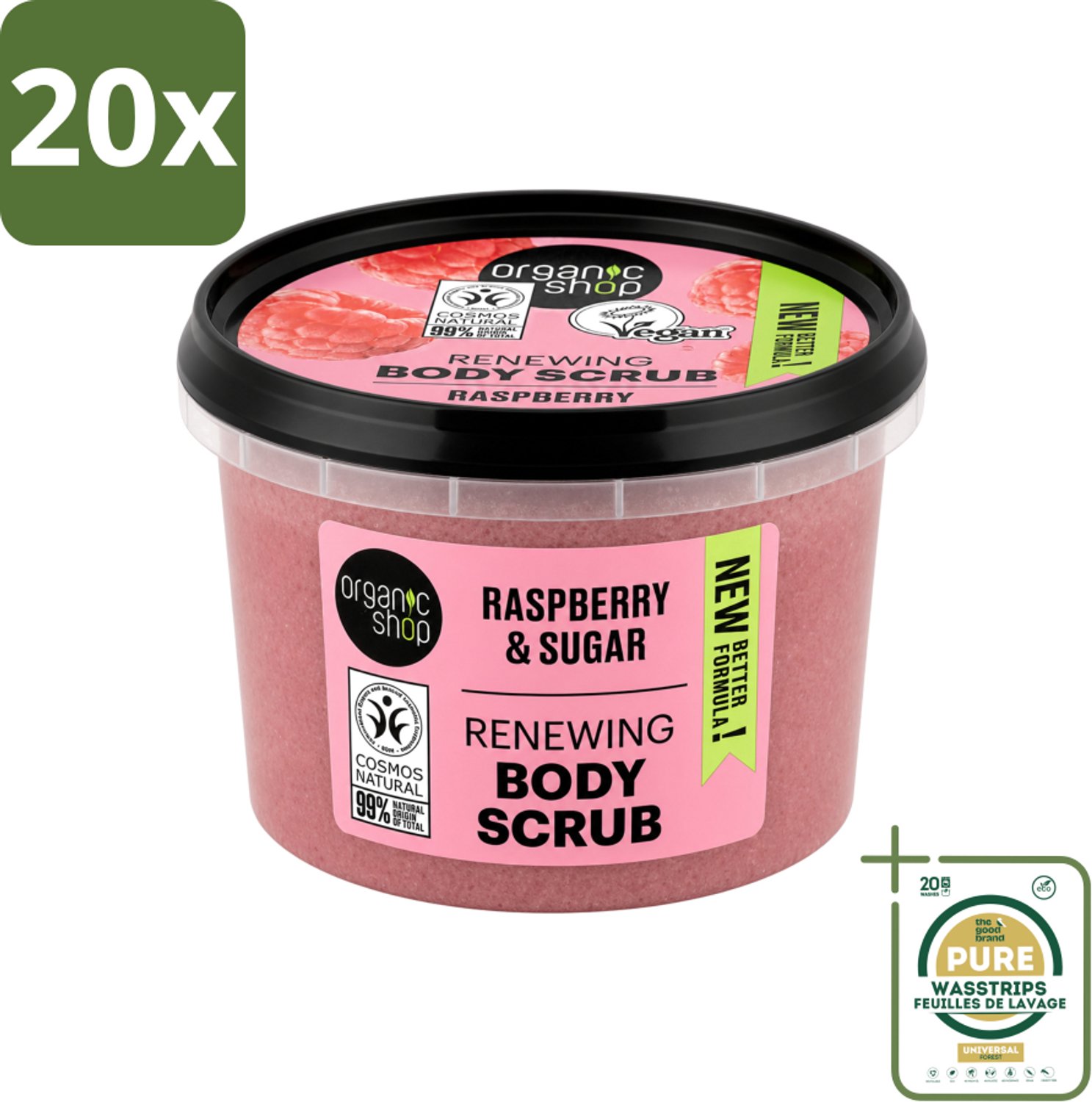 20 x Organic Shop - Organic Raspberry & Sugar Body Scrub - Verfrissend en Peeling - 250 ml - Wasstrips - Bodyscrub - Exfoliatie - Huidpeeling - Natuurlijke Huidverzorging - Framboosscrub