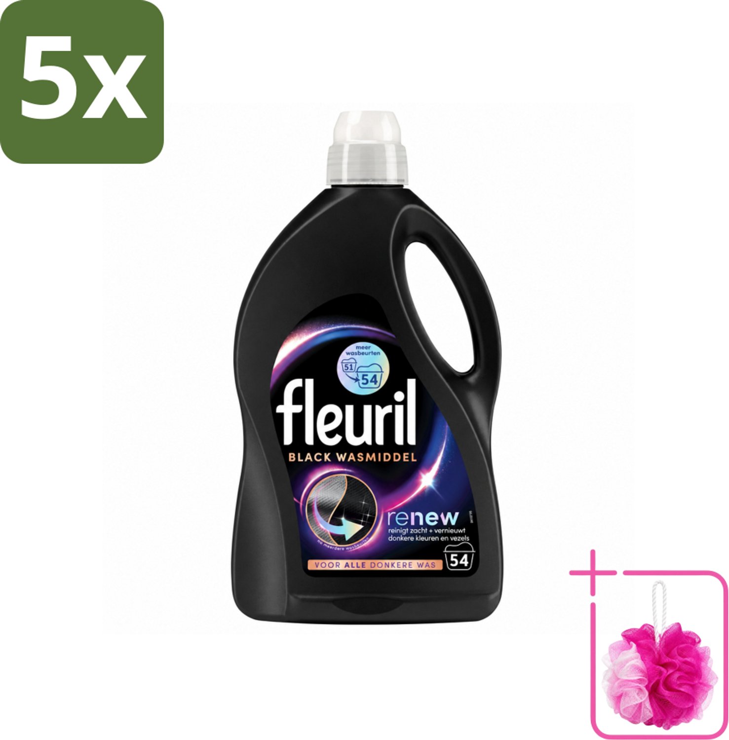 5 x Fleuril - Wasmiddel - Renew Zwart Vloeibaar Wasmiddel - Zwarte Was - 54 wasbeurten - Bulkverpakking - Donkere was - Douchemop - Kleurherstel