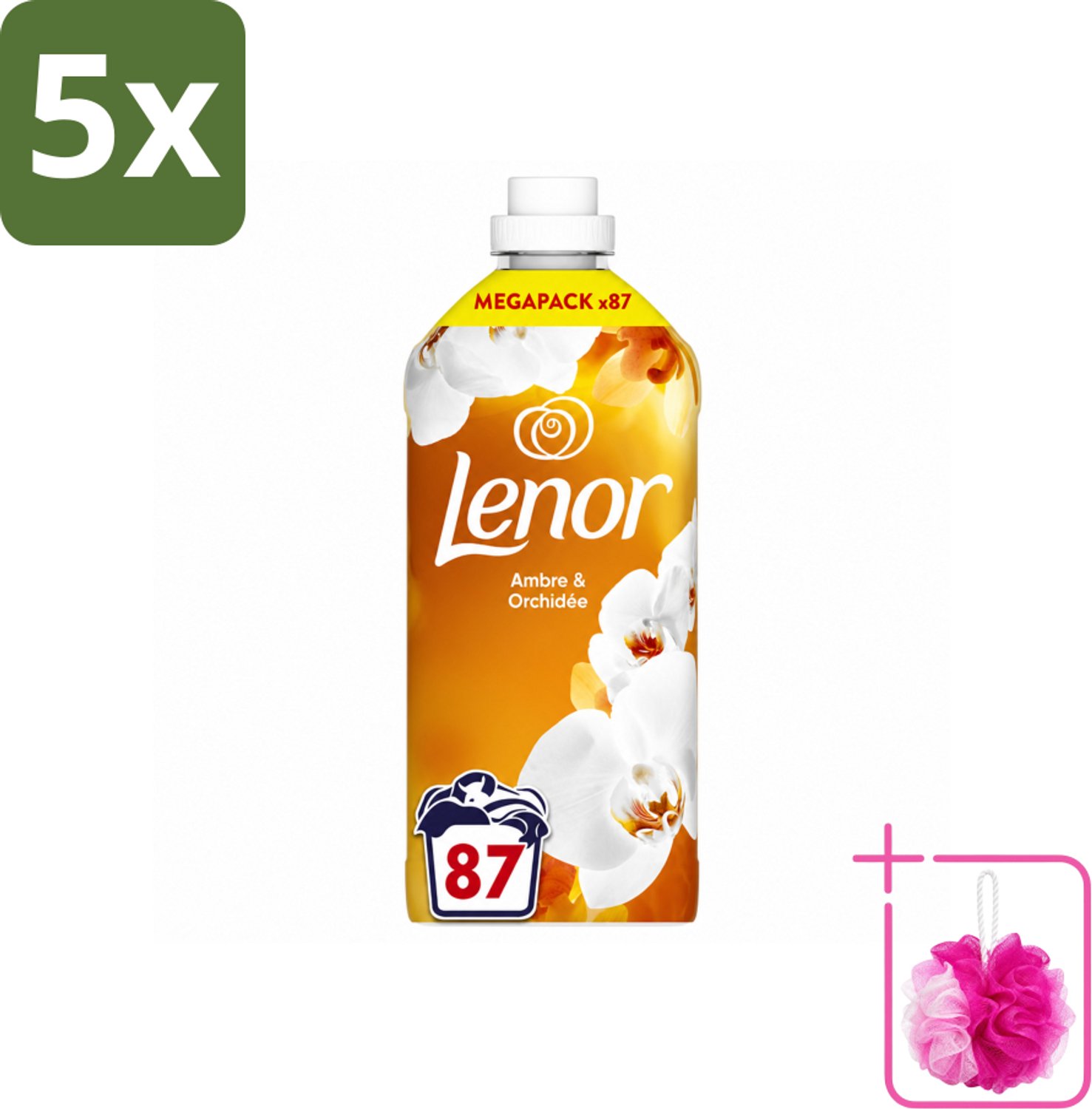 5 x Lenor - Wasverzachter - Amber & Orchidee - Fris & Zacht - 87 Wasbeurten - Bulkverpakking - Wasverzachter - Douchemop - Geur