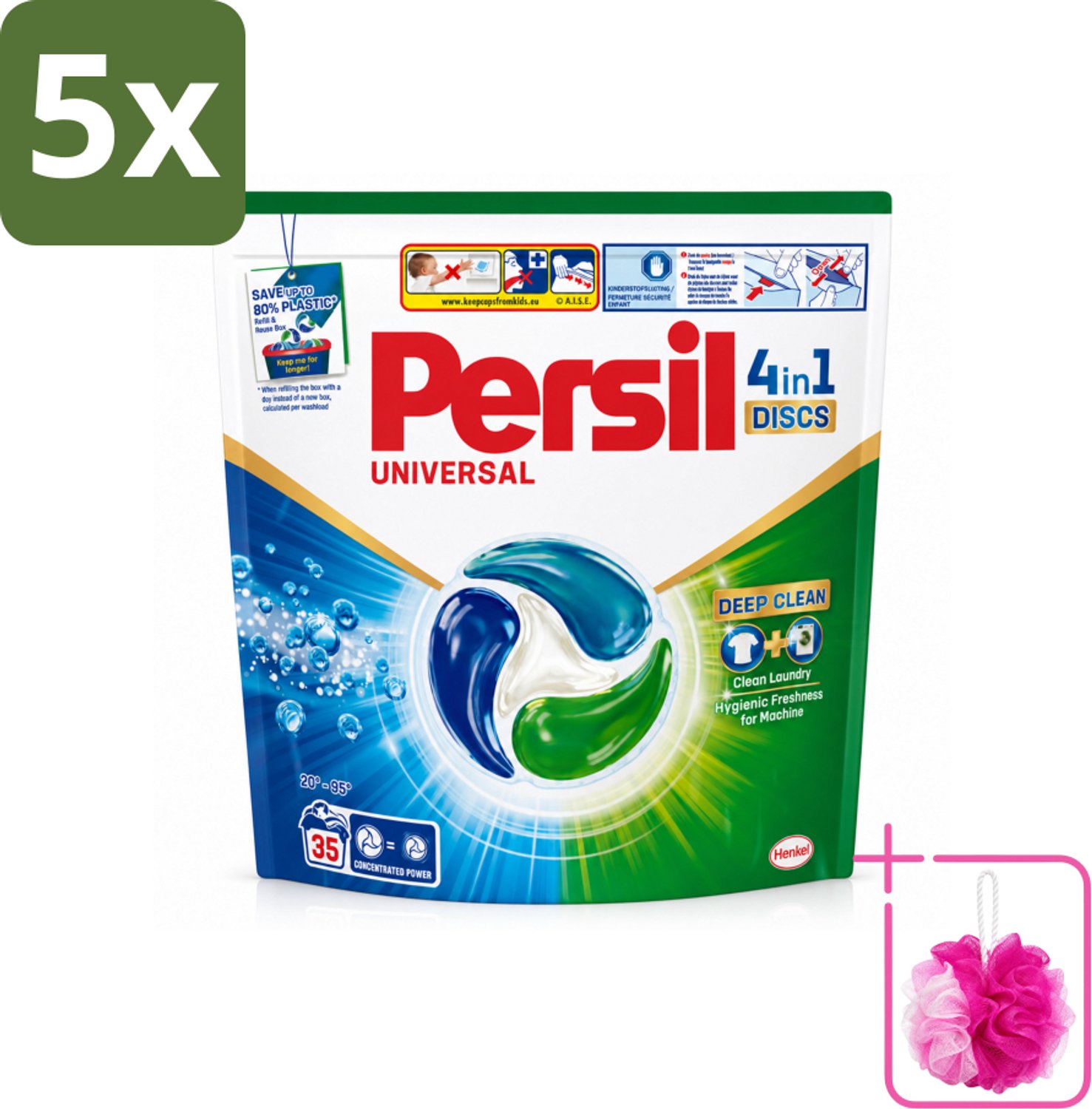 5 x Persil - Wasmiddel - Discs Universal - Voor Witte Was - 35 wasbeurten - Bulkverpakking - Persil 4in1 Discs - Douchemop - Schone was
