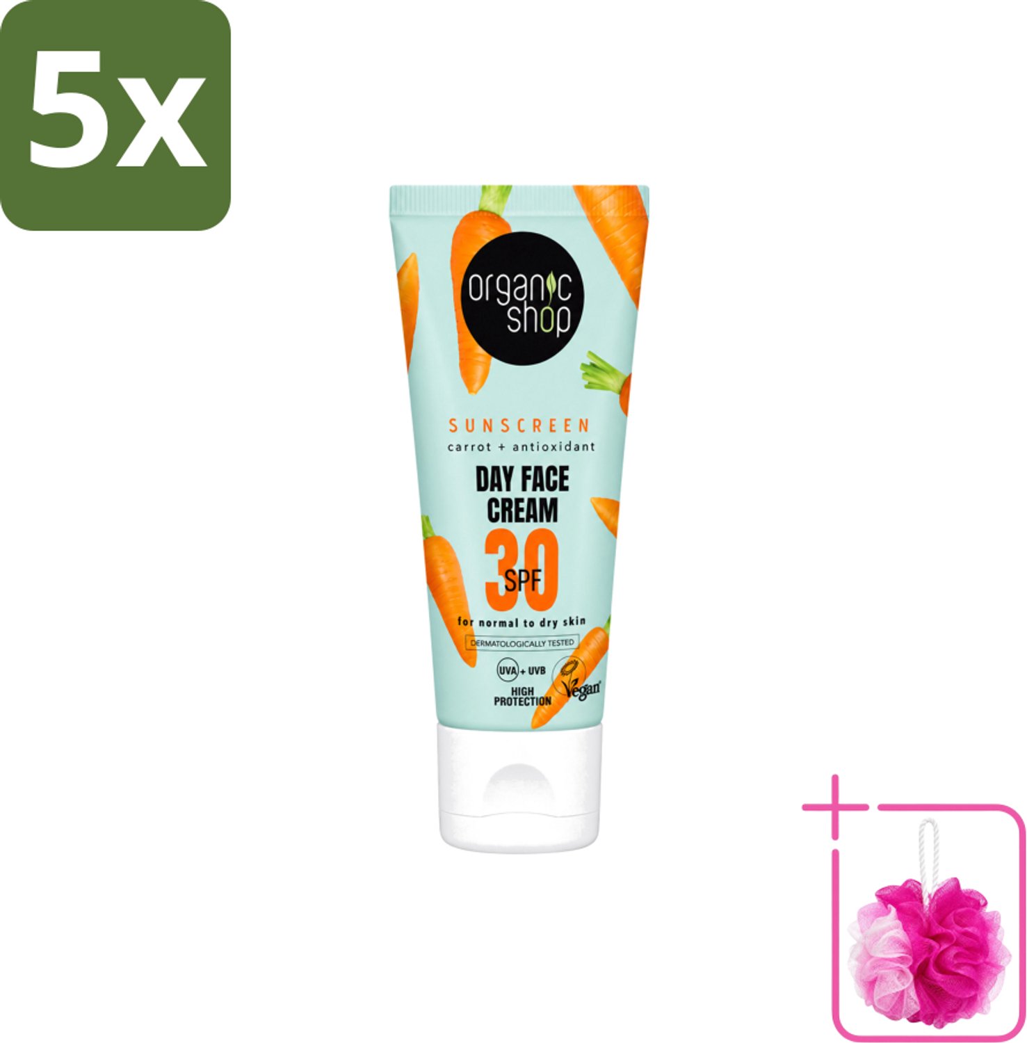 5 x Organic Shop - Zonnebrandcrème Gezicht SPF 30 - Normale Huid - 50 ml - Bulkverpakking - Zonbescherming - Douchemop - Gezichtscreme