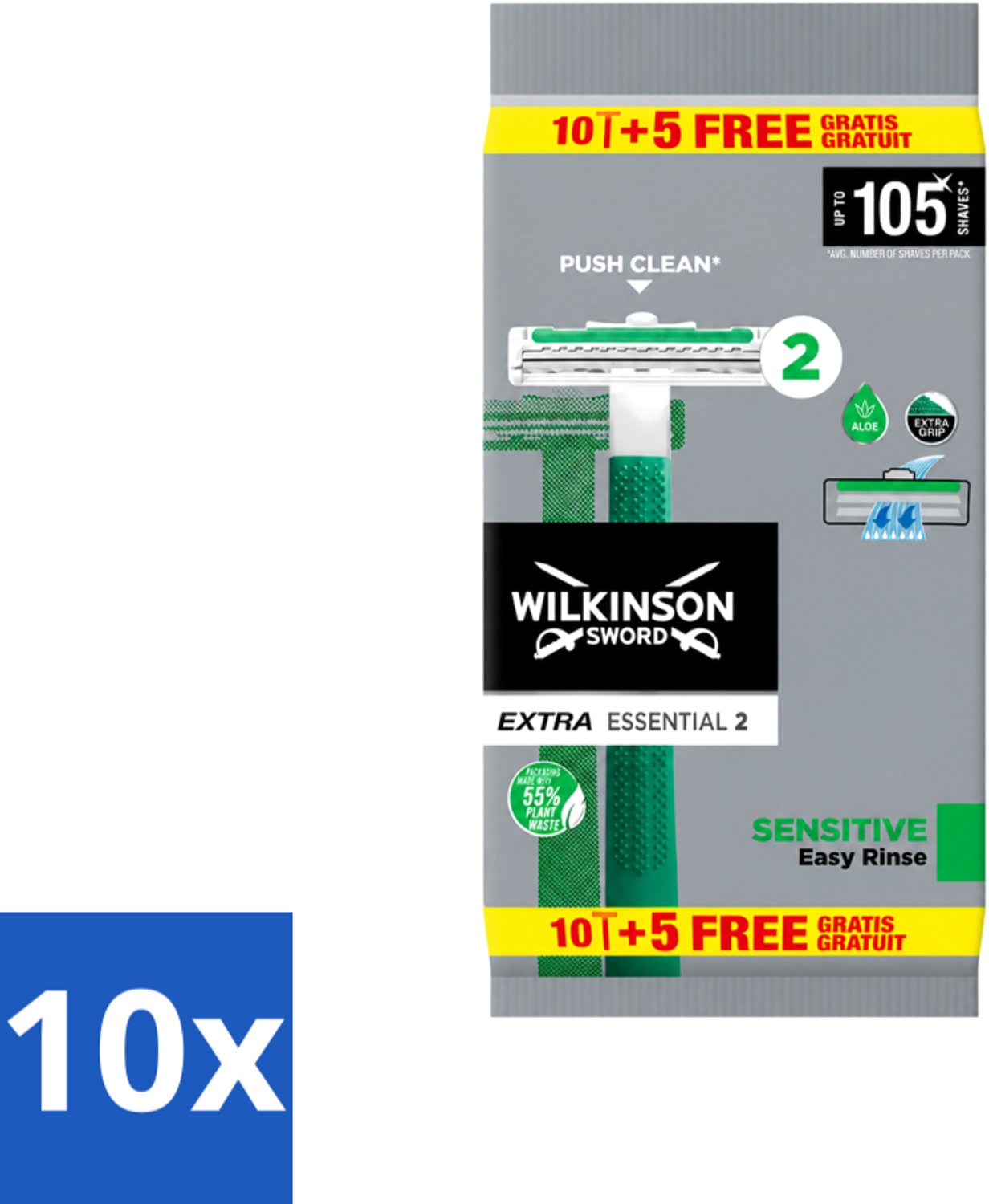 10 x Wilkinson - Wegwerpscheermesjes - Extra Essential 2 Sensitive - Zacht - 15 mesjes - Voordeelverpakking - 10 stuks