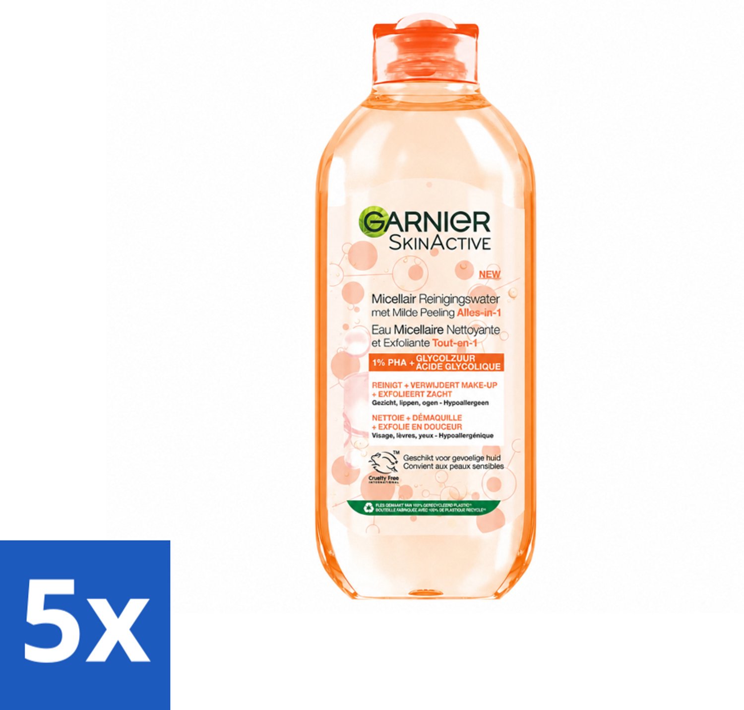 5 x Garnier - SkinActive - Micellair Reinigingswater - Milde Peeling - Alles-in-1 - 400 ml - Voordeelverpakking - 5 stuks