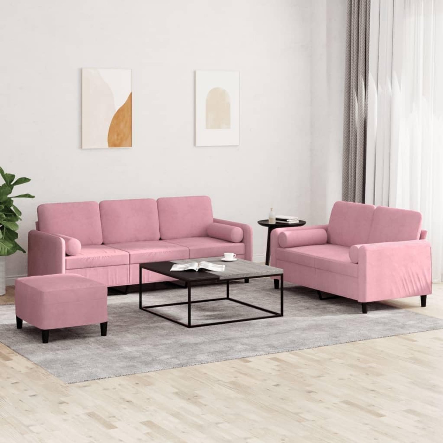 3-delige bankset met kussen, roze fluweel, gezellig zitensemble met robuust frame en praktisch rolkussen voor de woonkamer