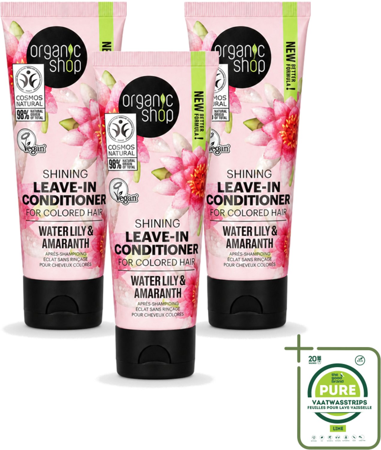 3 x Organic Shop - Shining Leave-In Conditioner Water Lily & Amaranth - 75 ml - Grootverpakking - Vaatwasstrips - Haarkleur Bescherming - Natuurlijke Haarkleur - Gezond Haar - Haarverzorging - Leave-in Conditioner