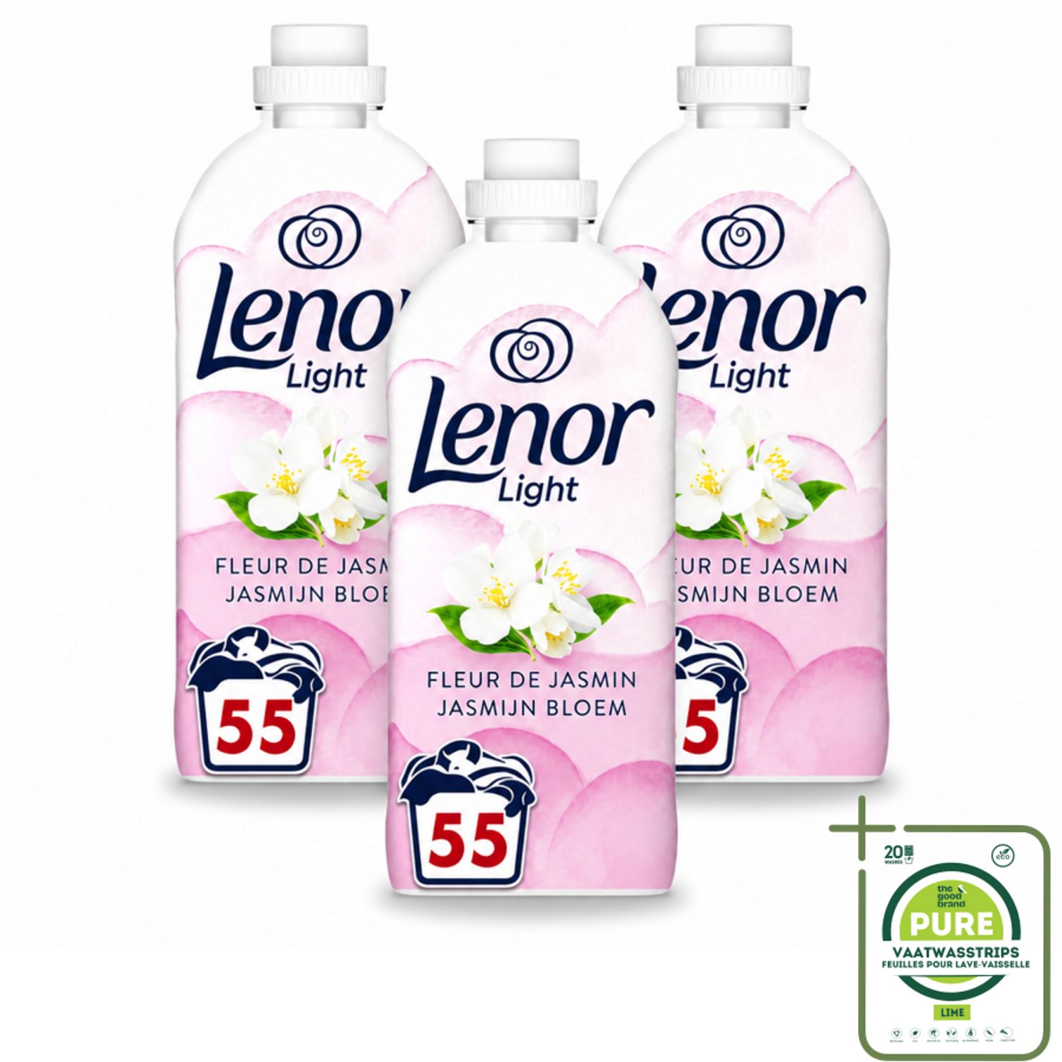 3 x Lenor Light - Wasverzachter - Jasmijnbloem - Fris & Zacht - 55 Wasbeurten - Grootverpakking - Vaatwasstrips - Wasverzachter - Jasmijn - Wasverzachter Jasmijn - Milde Frisheid - Zachte Was