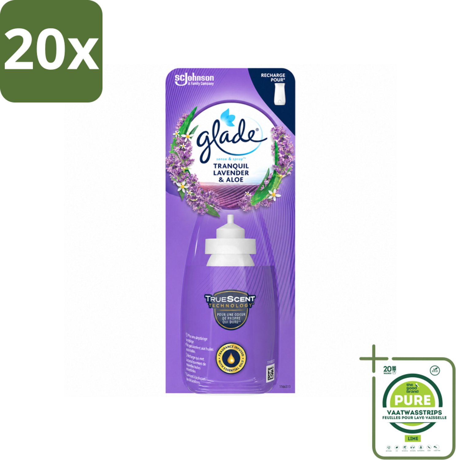 20 x Glade - Sense & Spray Navulling - Tranquil Lavender & Aloë - 18 ml - Grootverpakking - Vaatwasstrips - Geur - Rust - Frisheid - Automatische Geur - Bewegingssensor