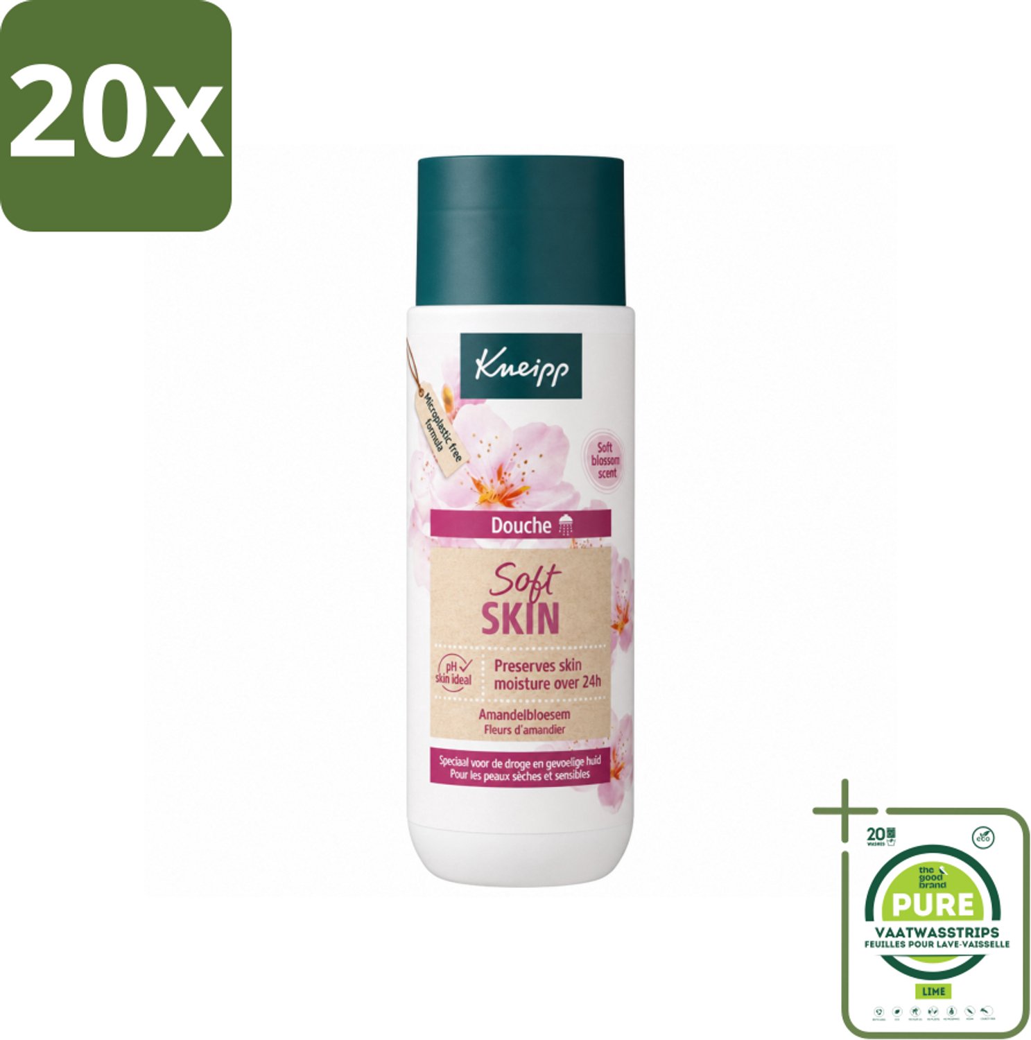 20 x Kneipp - Douchegel - Soft Skin - Amandelbloesem - 200 ml - Grootverpakking - Vaatwasstrips - Droge Huid - Gevoelige Huid - Douchegel - Amandelolie - Sheabutter