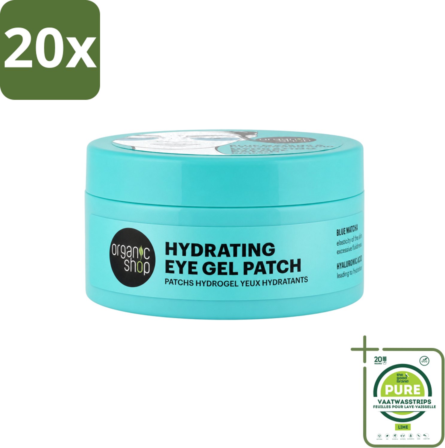 20 x Organic Shop - Eye Gel Patch Blue Matcha & Hyaluronic Acid - Verfrissend en Hydraterend - 60 Patches - Grootverpakking - Vaatwasstrips - Oogverzorging - Hydratatie - Anti-oudering - Oogpatches - Matcha