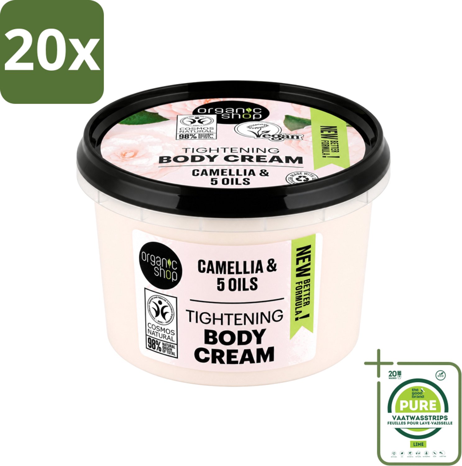 20 x Organic Shop - Organic Camellia & 5 Oils Body Cream - Verzachtend en Hydraterend - 250 ml - Grootverpakking - Vaatwasstrips - Organische Bodycrème - Japanse Kamelia - Hydraterende Crème - Verzachtende Crème - Natuurlijke Oliën