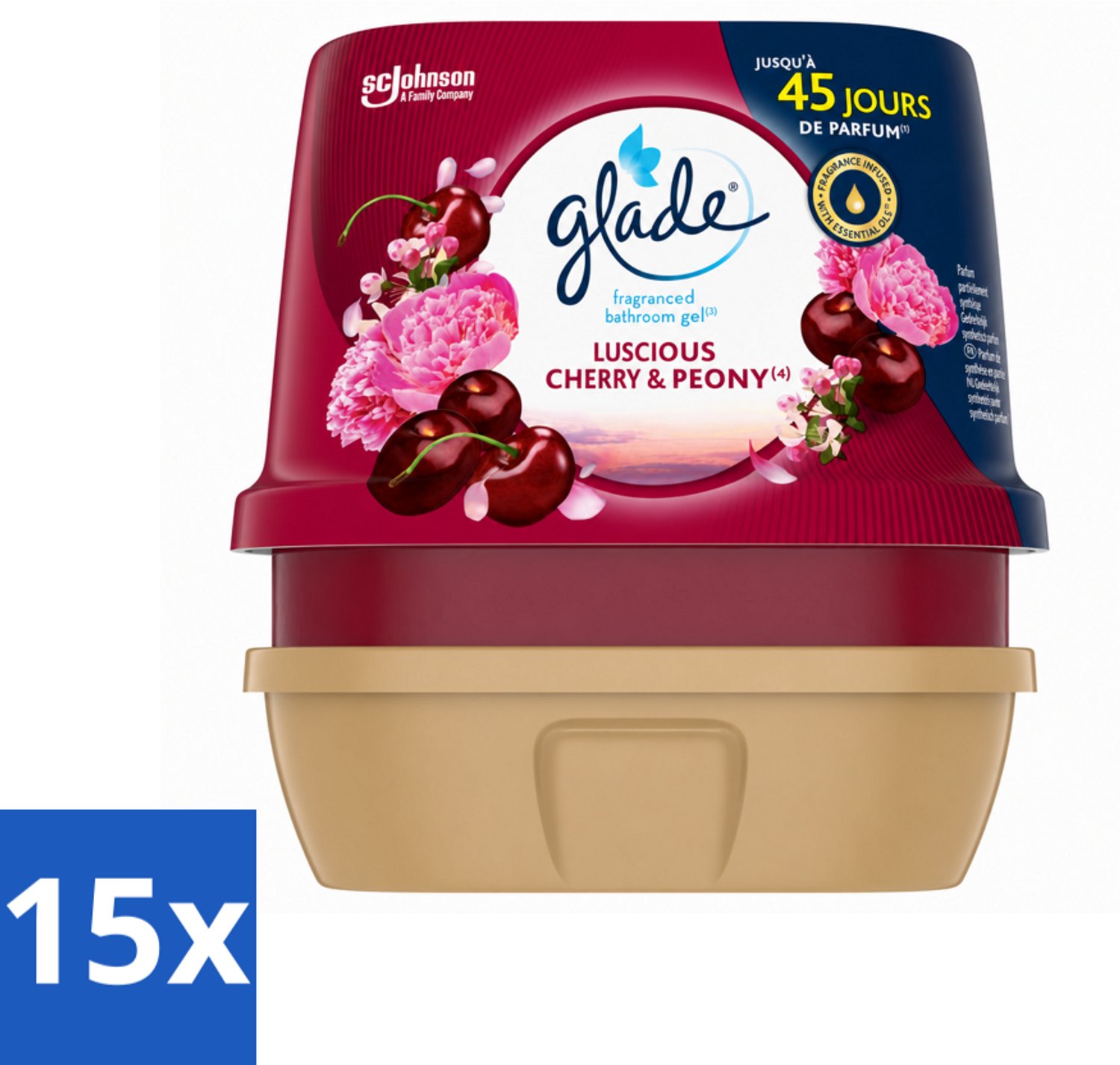 15 x Glade - Badkamer Gel - Luscious Kers & Pioenroos - 180 g - Voordeelverpakking - 15 stuks