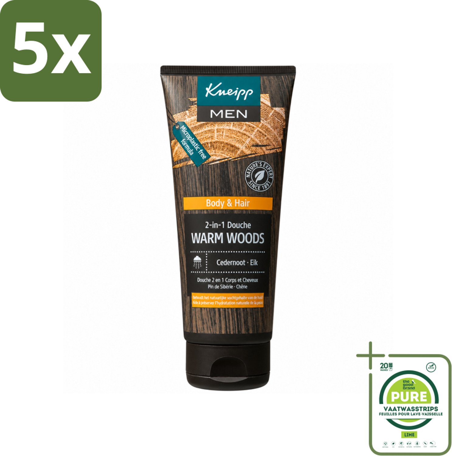 5 x Kneipp - Douchegel - Men - Warm Woods - 2-in-1 - 200 ml - Grootverpakking - Vaatwasstrips - Douchegel Voor Mannen - Natuurlijke Verzorging - Houtige Geur - Huid Verzorging - Haar Verzorging