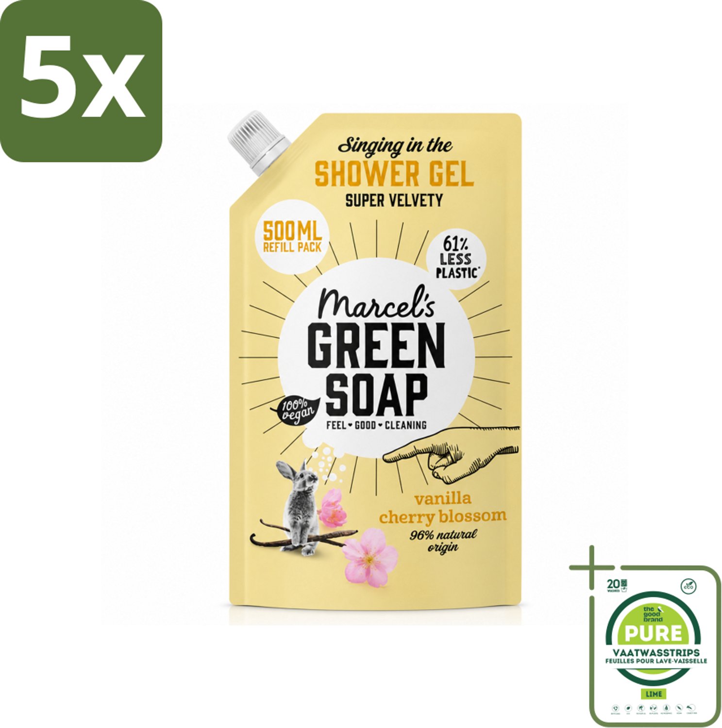 5 x Marcel's Green Soap - Shower Gel - Navulling - Vanille & Kersenbloesem - Krachtige werking - 500 ml - Grootverpakking - Vaatwasstrips - Douchegel - Natuurlijke Douchegel - Ecologische Douchegel - Vegan Douchegel - Biologische Douchegel