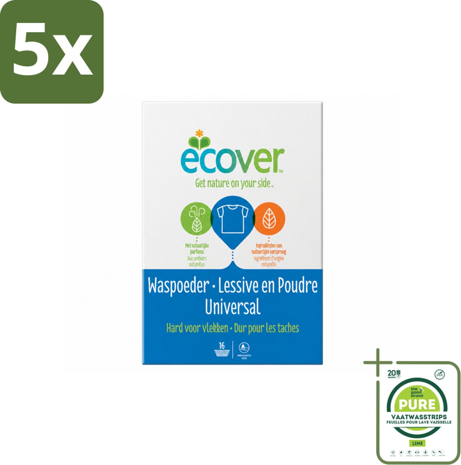 5 x Ecover - Waspoeder Universal - Voor witte & bonte was - 1,2 kg - Grootverpakking - Vaatwasstrips - Waspoeder - Was - Vuil Verwijderen - Vlekken Verwijderen - Milieuvriendelijk