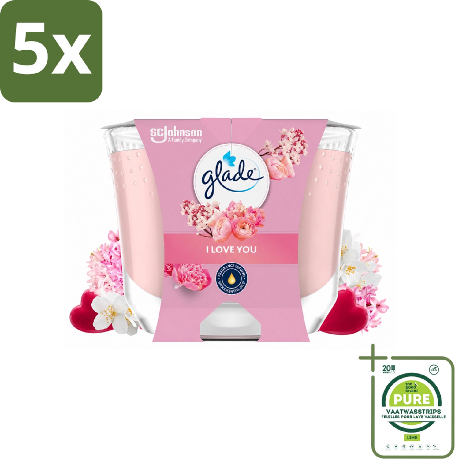 5 x Glade - Geurkaars I Love You - 100% Raapzaadwas - 204 g - Grootverpakking - Vaatwasstrips - Geurkaars - Romantische Geur - Bloemen Geur - Perzik Geur - Meloen Geur