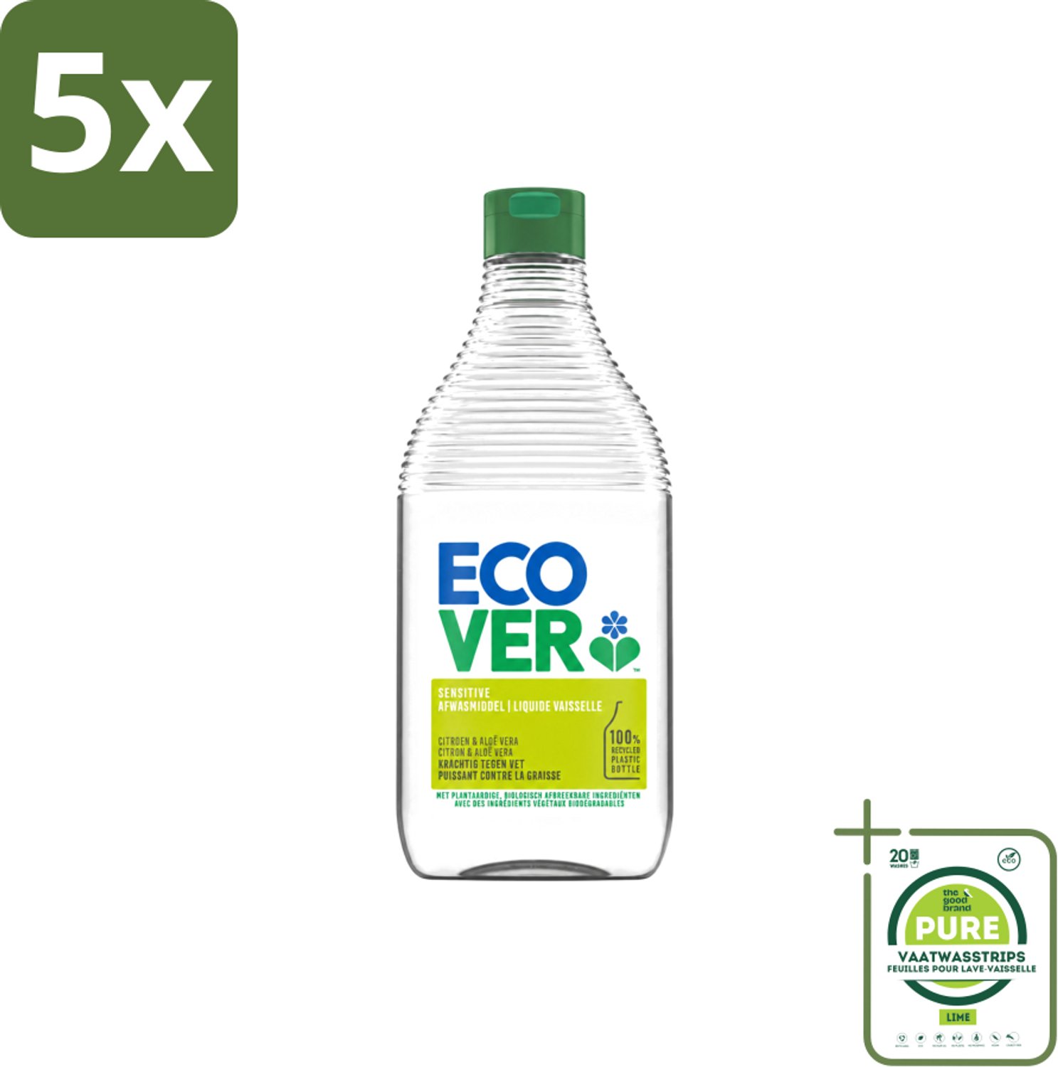 5 x Ecover - Afwasmiddel - Citroen & Aloë Vera - 450 ml - Grootverpakking - Vaatwasstrips - Afwasmiddel Citroen Aloë Vera - Milieuvriendelijk Afwassen - Plantaardig Afwasmiddel - Fris Afwassen - Huidvriendelijk Afwasmiddel