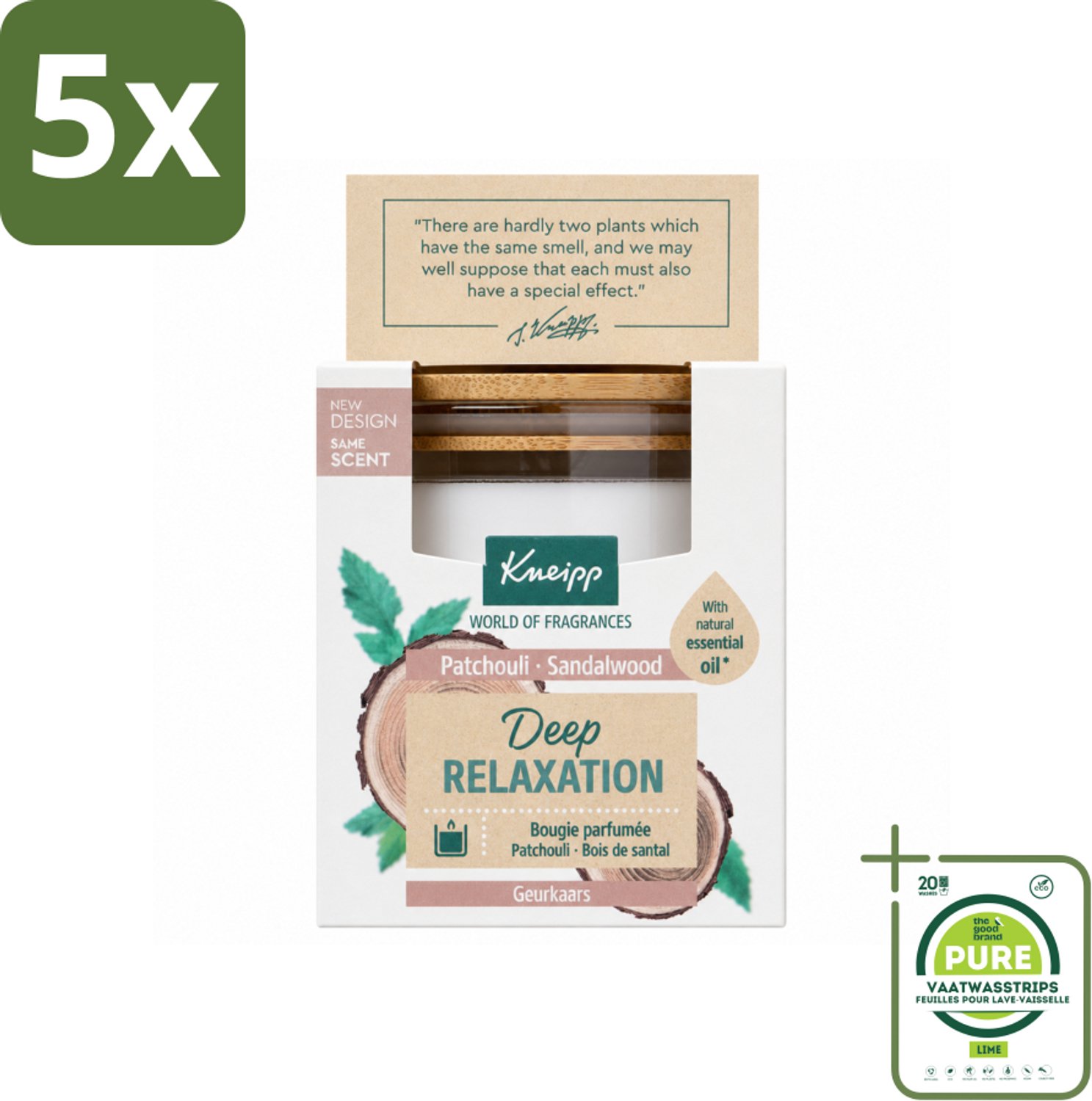 5 x Kneipp - Geurkaars - Deep Relaxation - Sandelhout & Patchouli - 20 branduren - Grootverpakking - Vaatwasstrips - Geurkaars - Ontspanning - Sandelhout - Patchouli - Wellness