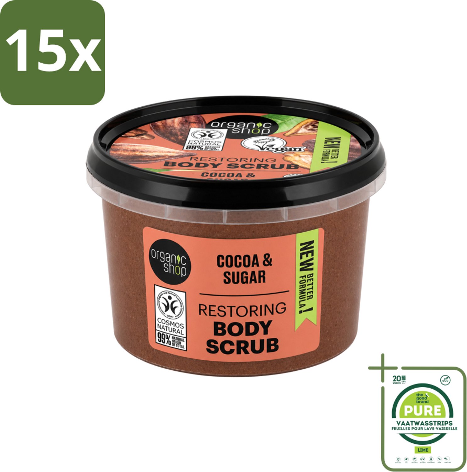 15 x Organic Shop - Body Scrub Cocoa - Rijke Hydratatie - 250 ml - Grootverpakking - Vaatwasstrips - Bodyscrub - Exfoliatie - Huidverzorging - Cacaoboter - Suiker