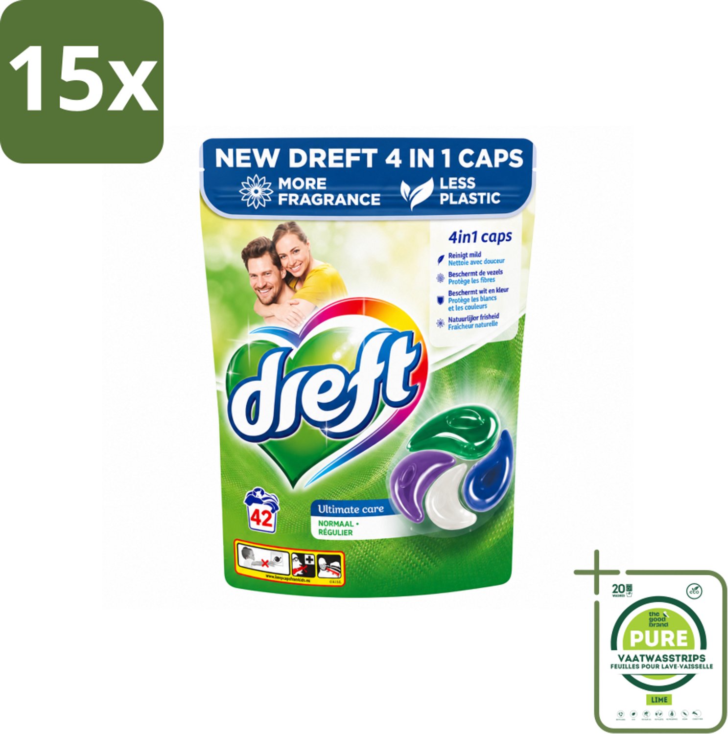 15 x Dreft - Wasmiddelcapsules - Ultimate Care - Zachte verzorging - 42 Wasbeurten - Grootverpakking - Vaatwasstrips - Wasmiddel - Wascapsule - Waskracht - Textielbescherming - Kleurbehoud