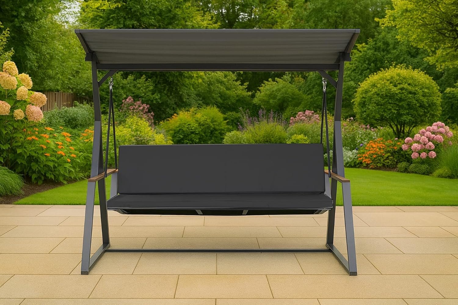 Schommelbank, 7 cm dik, zit- en rugkussen, afneembare overtrek, omkeerbaar, tuinkussenset (antraciet, 150 x 50 x 50 cm)