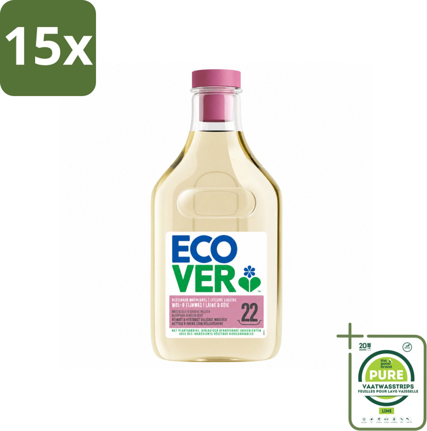 15 x Ecover - Vloeibaar wasmiddel - Wol & Fijnwas - 1 liter - 22 wasbeurten - Grootverpakking - Vaatwasstrips - Zachte Wasmiddelen - Wol Wasmiddel - Fijnwas - Delicate Stoffen - Biologisch Afbreekbaar