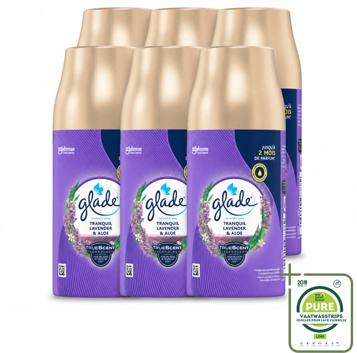 6 x Glade - Automatische Spray - Tranquil Lavender & Aloë - 269 g - Grootverpakking - Vaatwasstrips - Lavendel - Aloe Vera - Viooltjesblad - Ontspanning - Geur