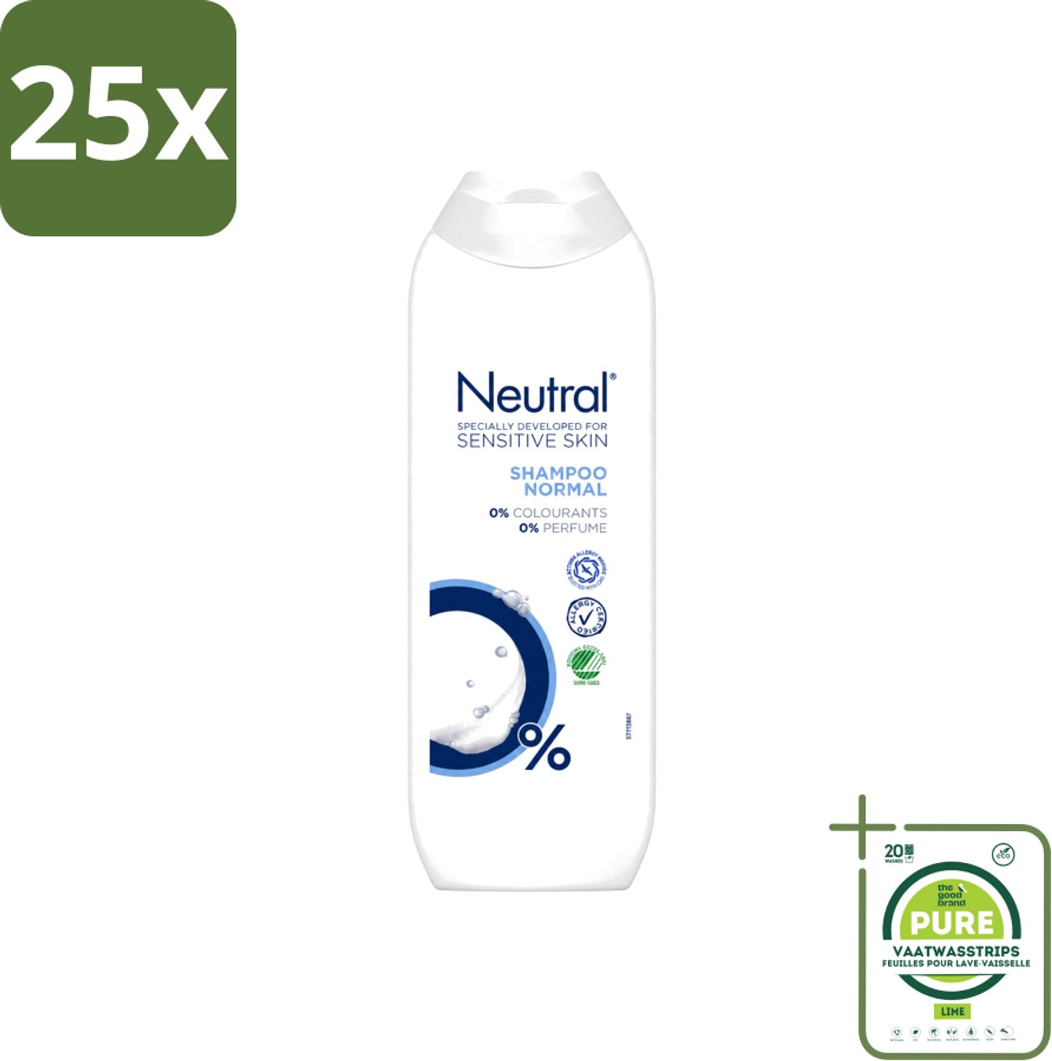 25 x Neutral - Shampoo - Gevoelige huid - 250 ml - Grootverpakking - Vaatwasstrips - Gevoelige Huid - Milde Shampoo - 0% Parfum - 0% Kleurstoffen - 0% Parabenen