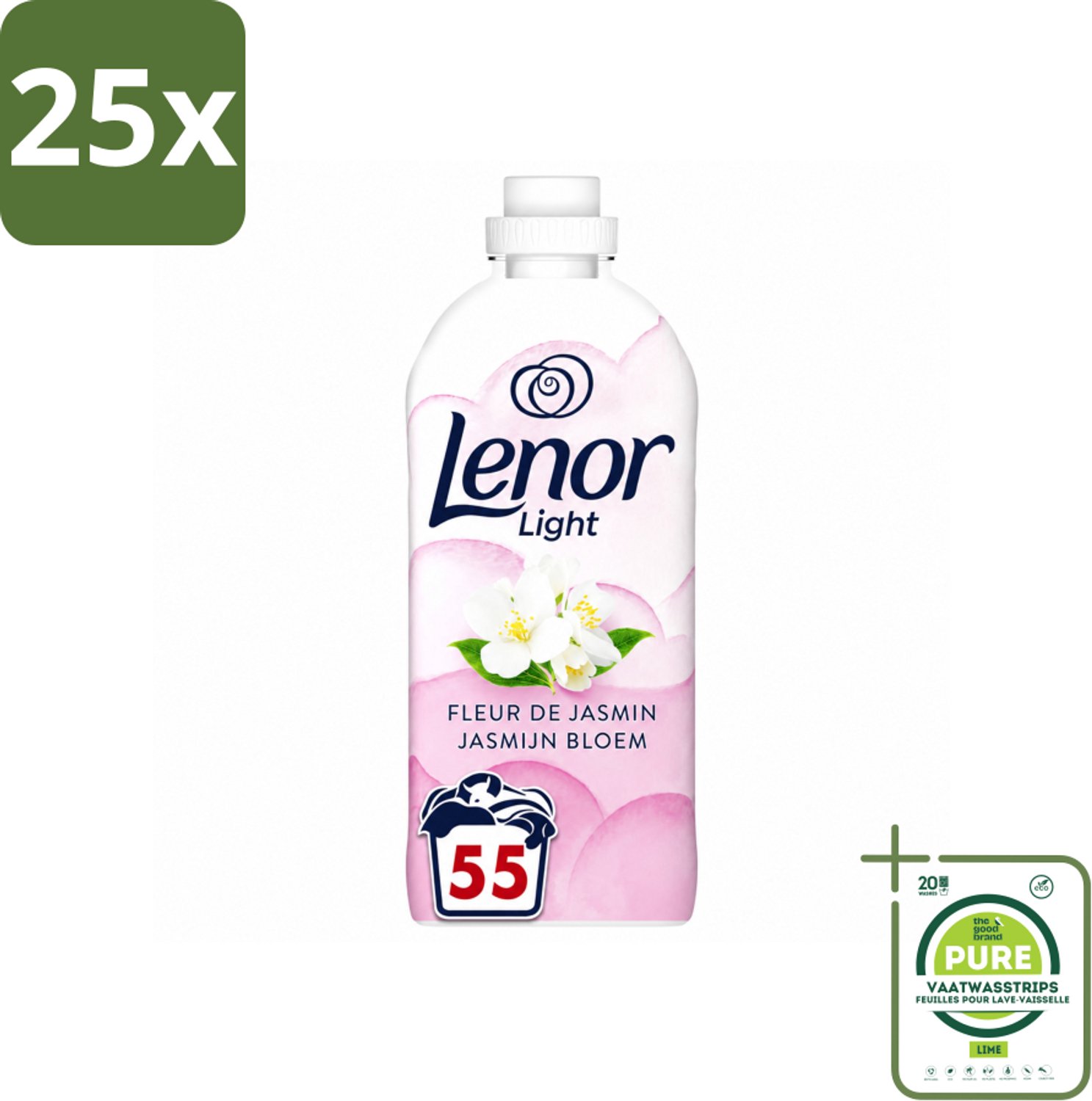 25 x Lenor Light - Wasverzachter - Jasmijnbloem - Fris & Zacht - 55 Wasbeurten - Grootverpakking - Vaatwasstrips - Wasverzachter - Jasmijn - Wasverzachter Jasmijn - Milde Frisheid - Zachte Was