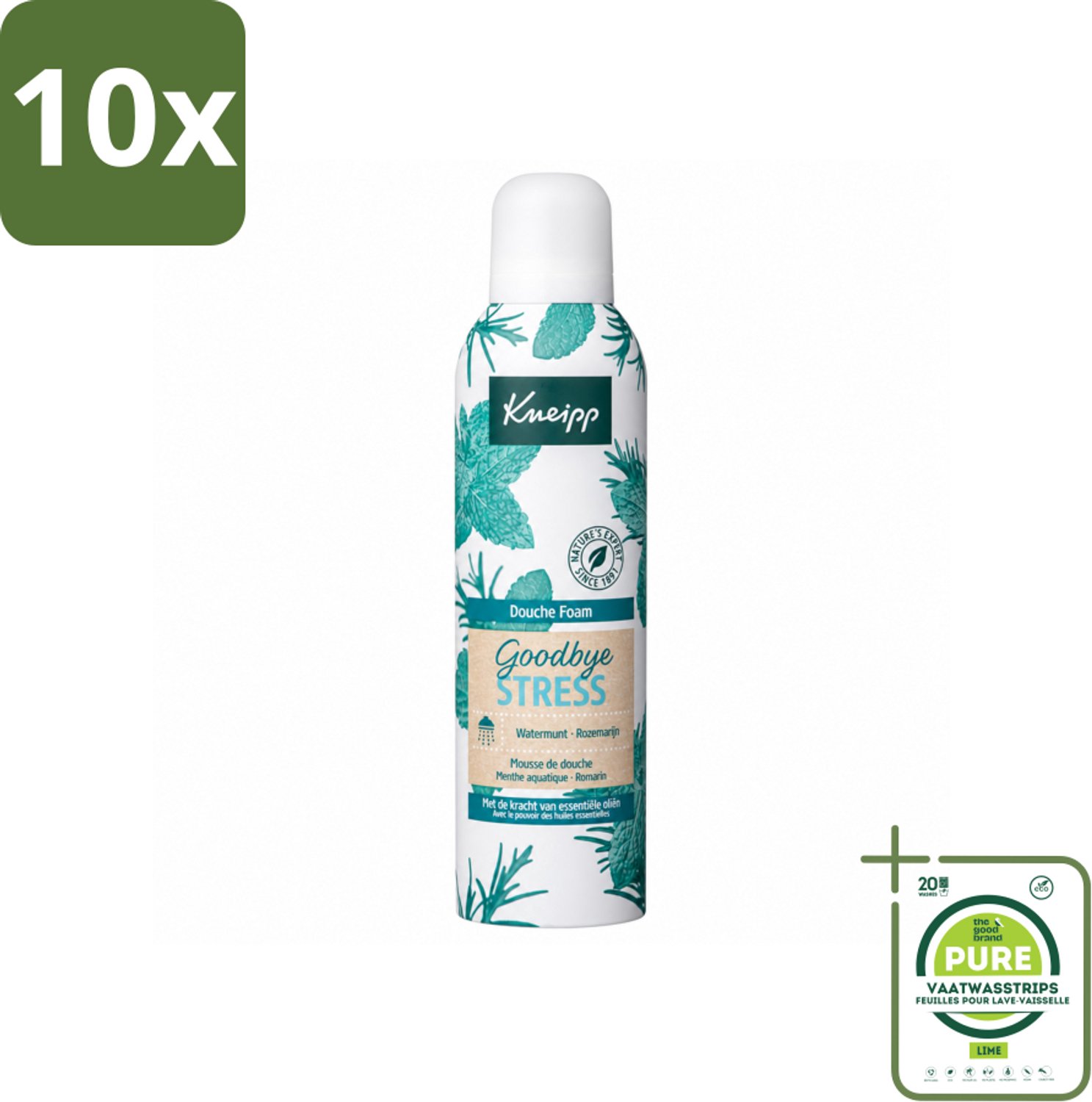 10 x Kneipp - Douche schuim - Goodbye Stress - Watermunt & Rozemarijn - 200 ml - Grootverpakking - Vaatwasstrips - Douche Foam - Stress Verlichten - Verfrissend Schuim - Natuurlijke Geur - Huid Verzorging