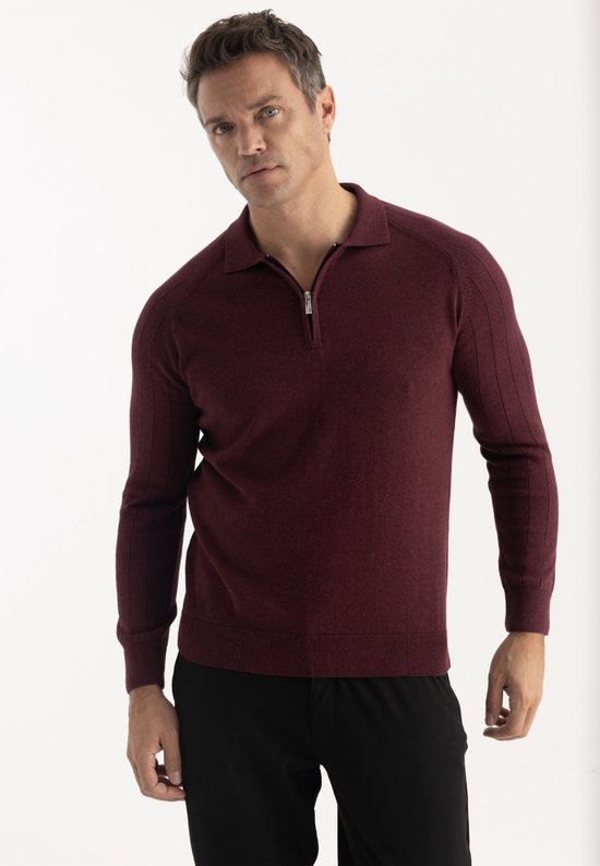 Man draagt een bordeauxrode Felix Hardy trui met polokraag, rits en zwarte broek.
