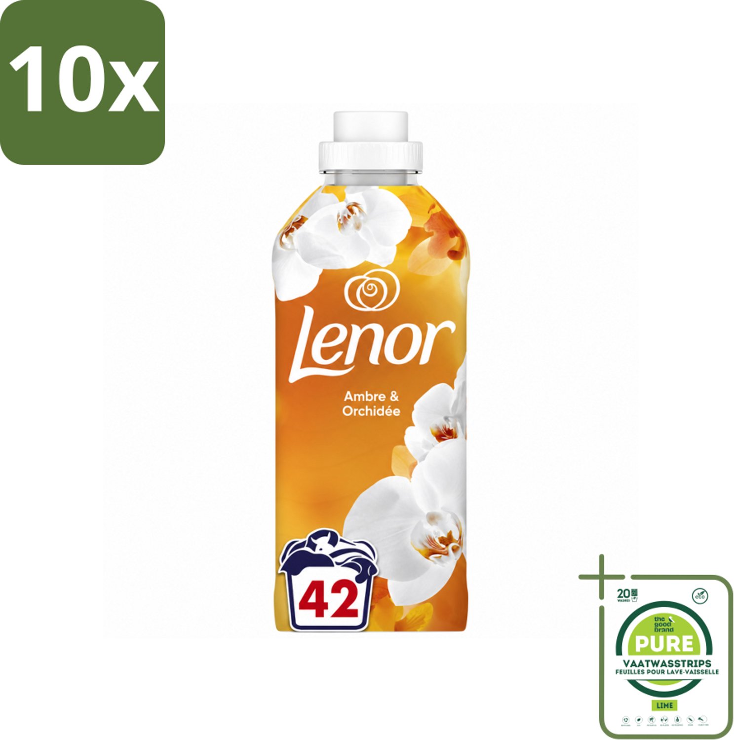 10 x Lenor - Wasverzachter - Amber & Orchidee - Fris & Zacht - 42 Wasbeurten - Grootverpakking - Vaatwasstrips - Wasverzachter - Geur - Ontspanning - Frisheid - Wasmachine