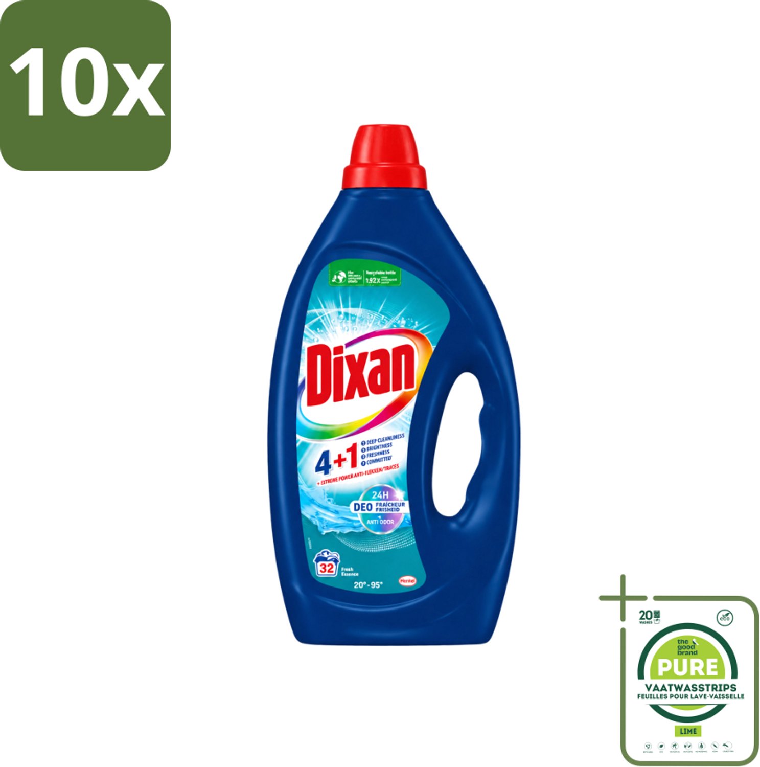 10 x Dixan - Vloeibaar wasmiddel - Fresh Blue - 32 wasbeurten - Grootverpakking - Vaatwasstrips - Vloeibaar Wasmiddel - Frisse Geur - Vlekverwijdering - Wasmiddel Voor Kleding - Anti-geur