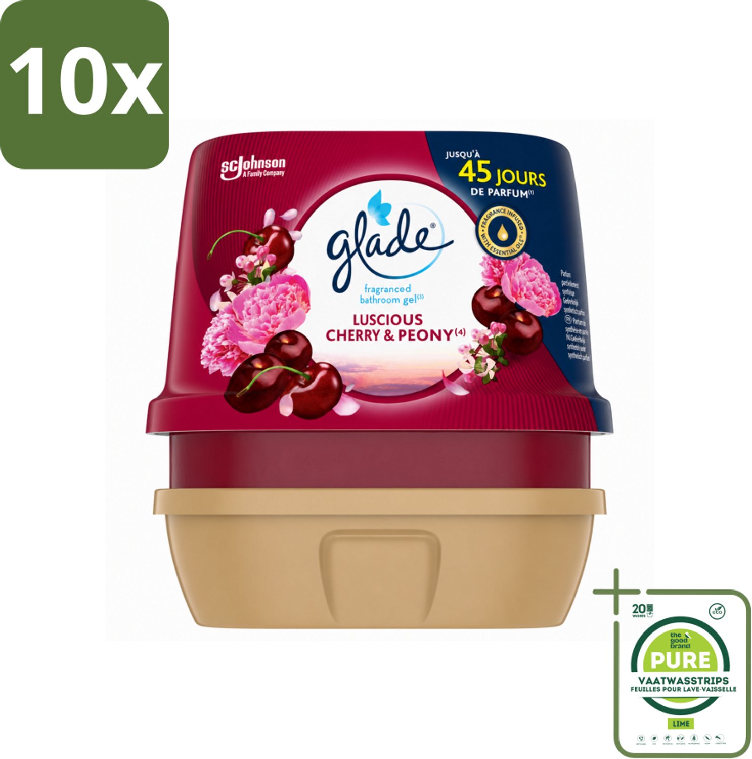 10 x Glade - Badkamer Gel - Luscious Kers & Pioenroos - 180 g - Grootverpakking - Vaatwasstrips - Geur Gel Badkamer - Bloemige Geur - Frisse Geur - Kersen En Pioenrozen - Geur In Huis
