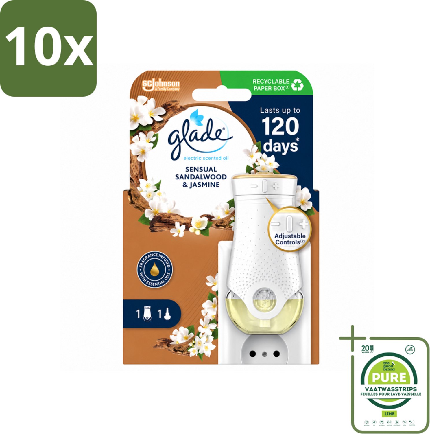 10 x Glade - Houder Elektrische Olie - Sensual Sandelhout Jasmijn - Grootverpakking - Vaatwasstrips - Geurhouders - Geur - Geurhouders Elektrisch - Geurhouders Voor Huis - Geurhouders Sensueel