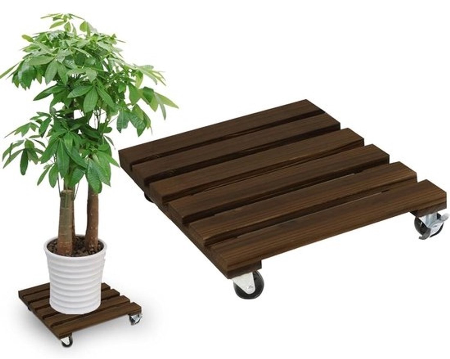 Vierkante plantenroller - Onderzetter voor bloempot - Planten verplaatsen - Afsluitbare wielen - 30 x 30 cm - Houtkleur