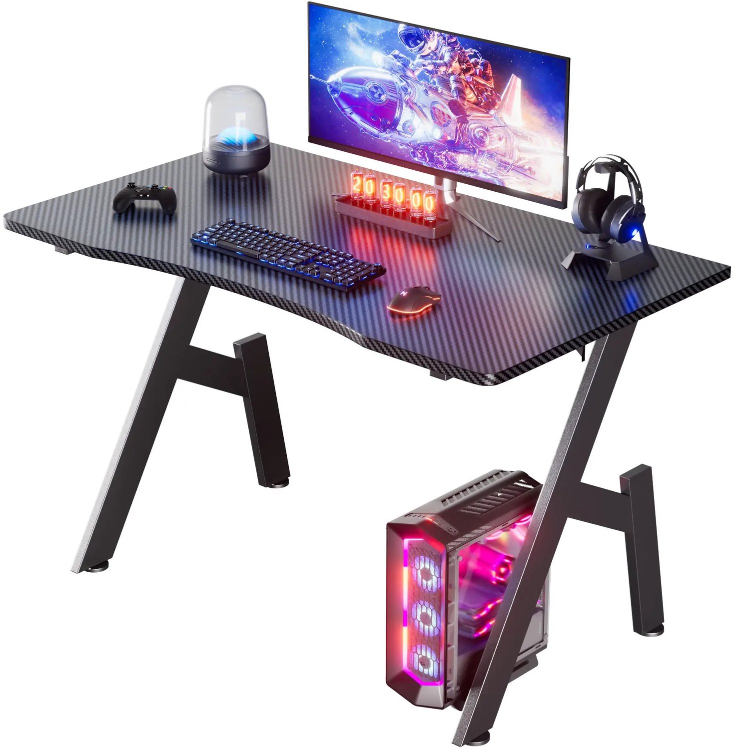 Aafinity Gaming Bureau – A-Vormig, Carbonlook, Met Bekerhouder & Hoofdtelefoonhouder