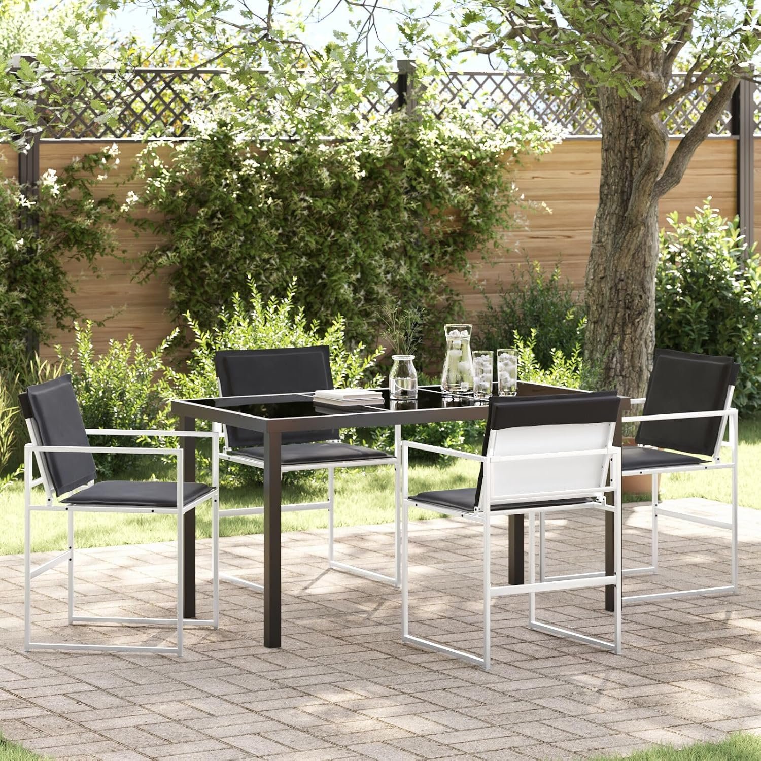 Sets, 5-delige tuin eetkamer set met kussens wit textiel en staal