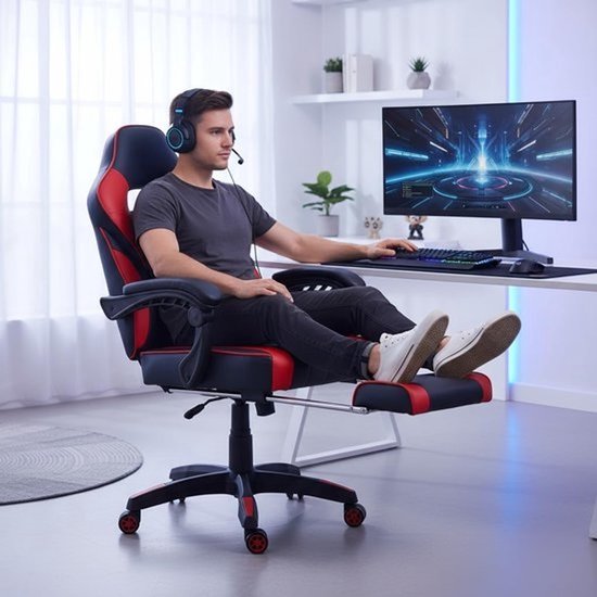 Gamingstoel - Racermodel bureaustoel - Comfortabel zitten - Met voetensteun - XL - Zwart rood — afbeelding 3